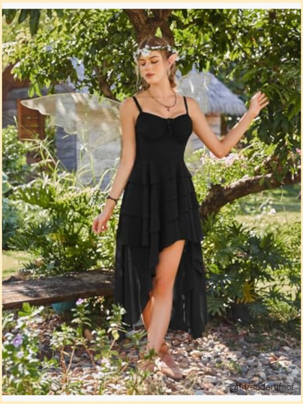 Renaissance Corset Dress with Pockets Boho Asymmetrical High-Low Midi Sundress - Picture 6 of 7
